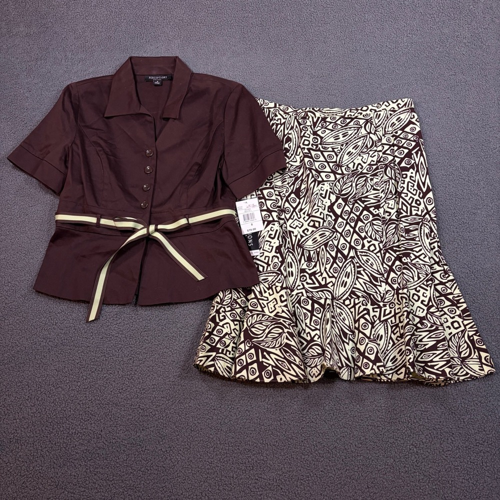 Perceptions Skirt Suit Set Womens 8 Brown Green 526910 Short Sleeve Geometric